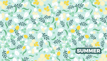 Summer commercial banner. Flowers, leaves and berries retro style background, cute vintage colors vector template