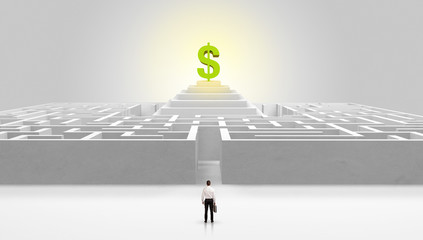 Man standing in front of a big round maze with profit concept on the middle