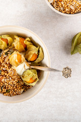 Healthy breakfast from quinoa granola