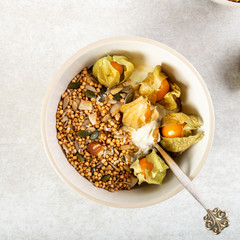 Healthy breakfast from quinoa granola