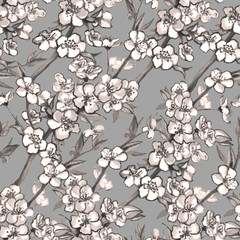 Seamless pattern blooming cherry plum branch. Ink, graphics, paper. Black and white branches on a diagonal