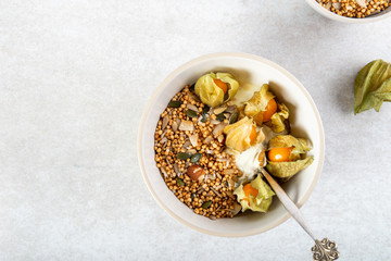 Healthy breakfast from quinoa granola