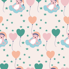 Cute kawaii cats, balloons and stars in a seamless pattern design