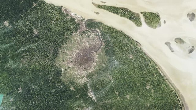 Growth of urban architecture time lapse in asian area, Shanghai China city urbanization architecture aerial satellite view animation. Contains public domain image by Nasa