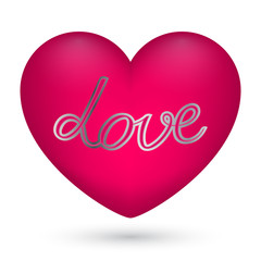 Vector illustration of pink heart with text love in the center on white background for Valentine s Day.