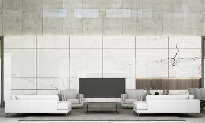 Modern minimal style of living and dining area with sofa set, white marble wall decorate and grey floor tile. 3d rendering