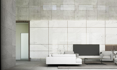 Modern minimal style of living and dining area with sofa set, white marble wall decorate and grey floor tile. 3d rendering