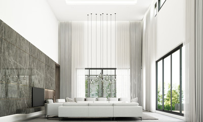 Modern minimal style of living and dining area with sofa set, black marble wall decorate and grey floor tile. 3d rendering