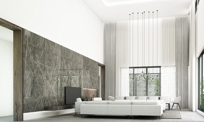 Modern minimal style of living and dining area with sofa set, black marble wall decorate and grey floor tile. 3d rendering