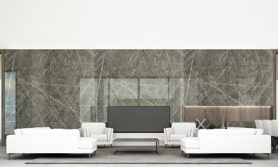 Modern minimal style of living and dining area with sofa set, black marble wall decorate and grey floor tile. 3d rendering