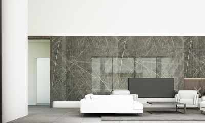 Modern minimal style of living and dining area with sofa set, black marble wall decorate and grey floor tile. 3d rendering