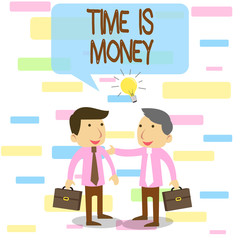 Writing note showing Time Is Money. Business concept for time is a valuable resource Do things as quickly as possible Two White Businessmen Colleagues with Brief Cases Sharing Idea Solution