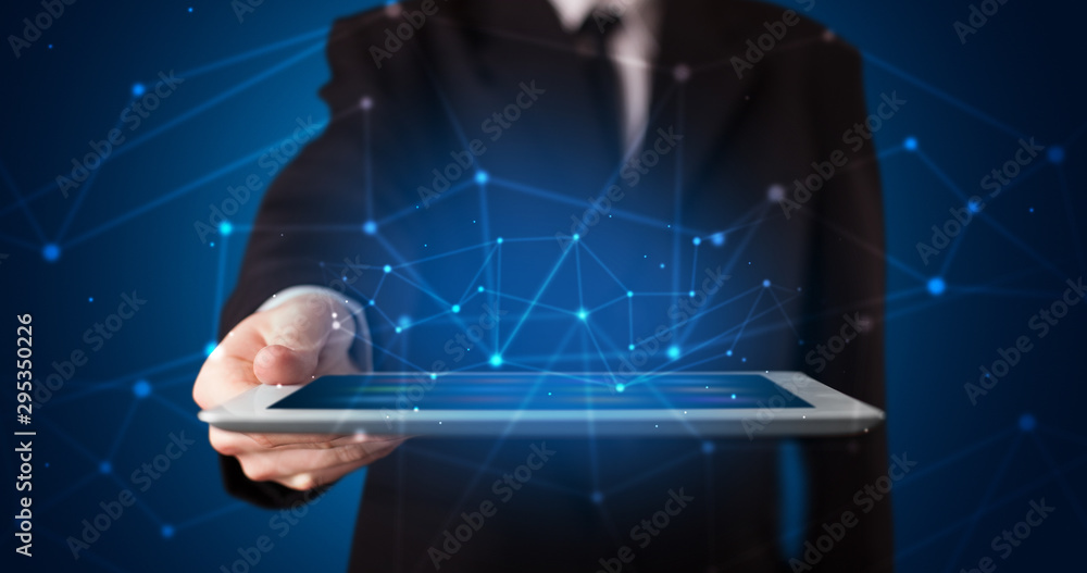 Aufkleber formal hand in a dark space with virtual connection network concept