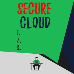 Handwriting text Secure Cloud. Conceptual photo Protect the stored information safe Controlled technology View young man sitting chair desk working open laptop geometric background