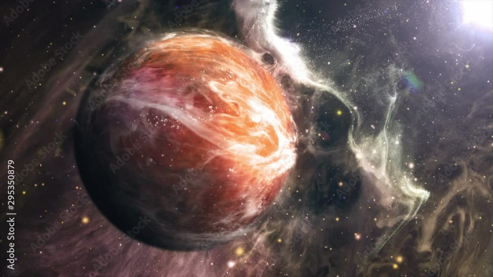 Poster 3d animation of a the world. 4k orange planet rotating in the universe science fiction background