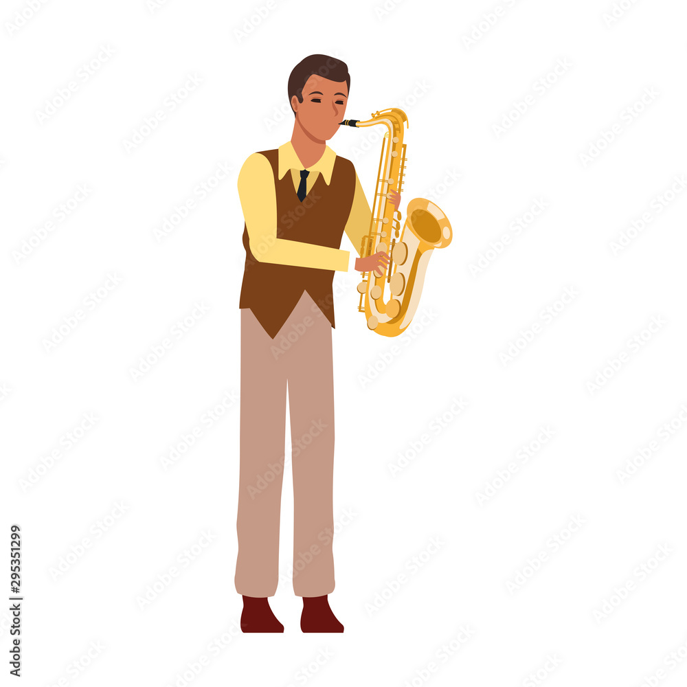 Poster cartoon musician with trumpet instrument, flat design