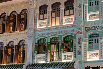 Architectural details of colorful facade of the building in Singapore