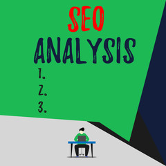 Handwriting text Seo Analysis. Conceptual photo tool helps showing to study on how to improve a website ranking View young man sitting chair desk working open laptop geometric background
