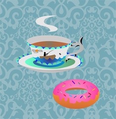 Advertising cup of hot drink with donut