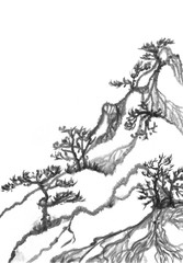 Black and white image. Ink Chinese mountain landscape. Mountains in the fog. Trees on the mountain. Ink image. Pines. Hill, mountain, peak