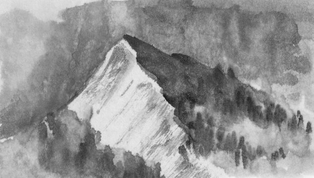 Black and white image. Ink Chinese mountain landscape. Mountains in the fog. Trees on the mountain. Ink image. Pines. Hill, mountain, peak