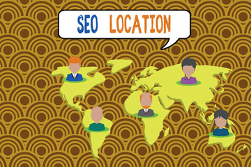 Conceptual hand writing showing Seo Location. Concept meaning process to optimize pages on your site to show for organic Connection multiethnic persons all Global business earth map