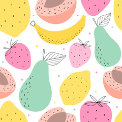 Hand drawn fruits seamless pattern for print, textile, wallpaper. Kids decorative fruits background. - 295353081