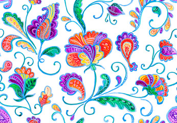 Fototapeta na wymiar Hand drawn watercolor floral flower seamless pattern tiling. Colorfur seamless pattern with multicolor rainbow abstract whimsical tulips, paisley, orchid, lily and leaves isolated on white background.