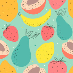 Hand drawn fruits seamless pattern for print, textile, wallpaper. Kids decorative fruits background. - 295353646
