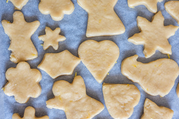 Raw cookies before baking. Close up view, selective focus. Confectionery cuisine.