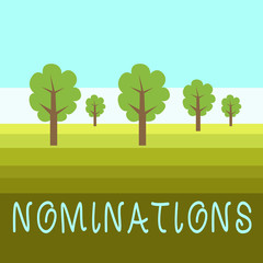 Writing note showing Nominations. Business concept for the act of officially suggesting someone for a job or position Outdoor Landscape Nature Wooded Area Verdant Grass Blue Unclouded Skies