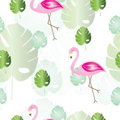 seamless pattern with green tropical leaves and flamingos vector on white background