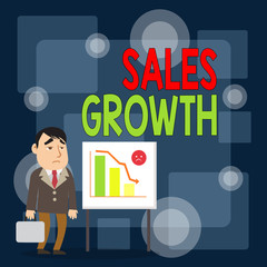Writing note showing Sales Growth. Business concept for ability to increase revenue over a fixed period of time Businessman with Brief Case Standing Whiteboard Bar Chart