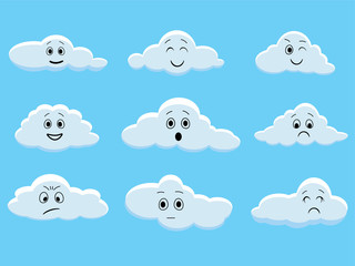 Obraz premium Cartoon clouds with faces and emotions isolated on blue background.