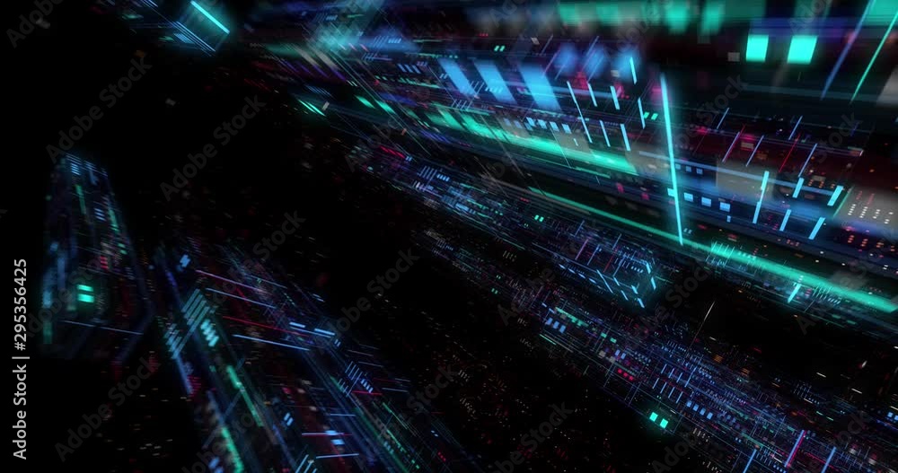 Poster seamless loop of abstract matrix hologram digital data flow. fly through time and space, warp throug