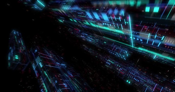 Seamless loop of abstract matrix hologram digital data flow. fly through time and space, warp through science fiction binary code particles network. Science and Technology concept. 3D render