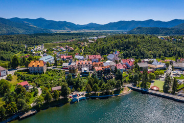 Fototapeta na wymiar Aerial view of beautiful town of Fuzine on Lake Bajer, Gorski kotar, Croatia on sunny summer day