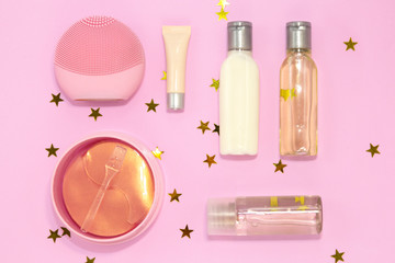 Set of decorative beauty accessories for woman - silicone facial cleansing brush, hydrogel cosmetic...