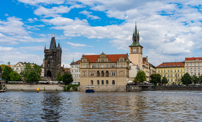 Scenic panorama cityscape view of Moldava river boat Prague in Czech Republic.