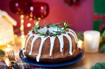 Christmas traditional  pie  close up.  Festive food with winter holidays decoration on the table 
