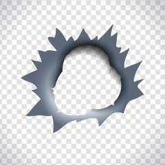 Bullet hole with a triple hit in a metal material.