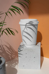 Coffee cup mock-up with palm leaf on concrete box