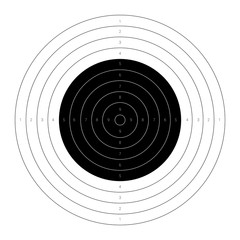 Circular shooting target with a marked bullseye for firing practice on a range.