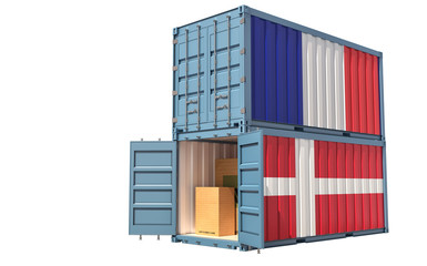 Fototapeta premium Two freight container with France and Denmark flag. Isolated on white - 3D Rendering