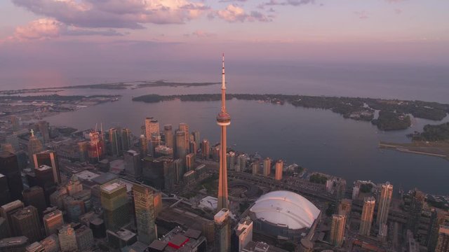 Toronto, Canada circa-2019.  Aerial view of Toronto at sunset.  Shot from helicopter with Cineflex gimbal and RED 8K camera.
