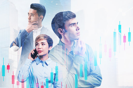 Three diverse managers in city, digital chart