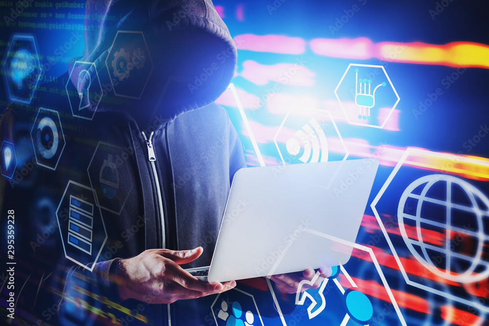 Poster side view of young hacker, digital interface