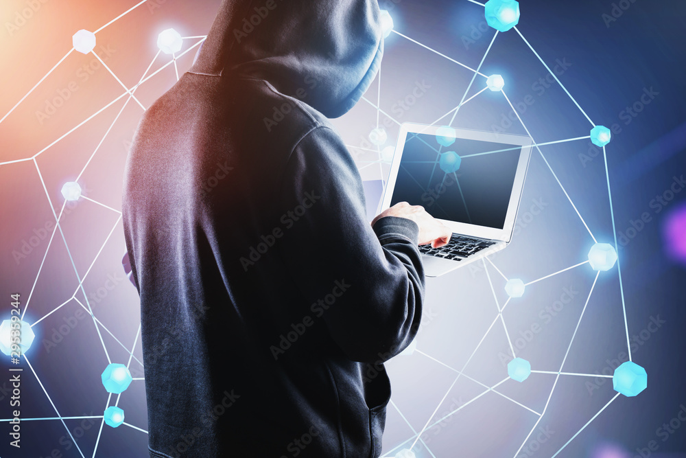 Poster rear view of hacker with laptop, network interface