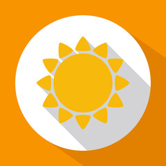 Sun flat icon yellow color with long shadow on white background with orange decoration. Vector illustration. EPS 10.