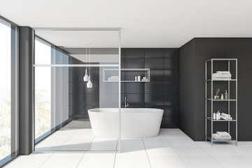 Gray tile and glass bathroom interior